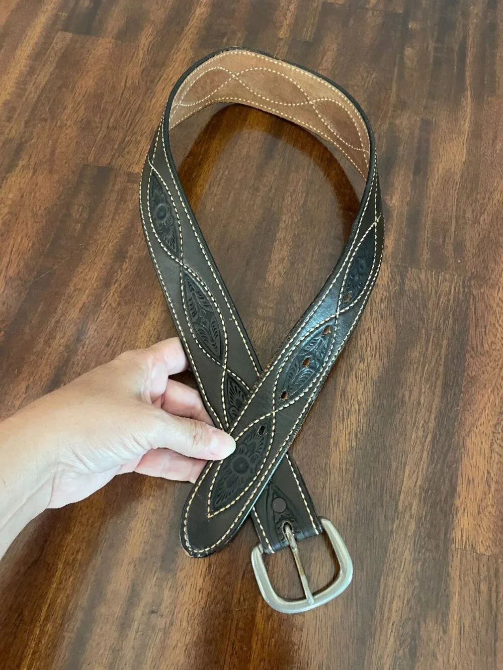 Tooled Leather Brown Belt 34
